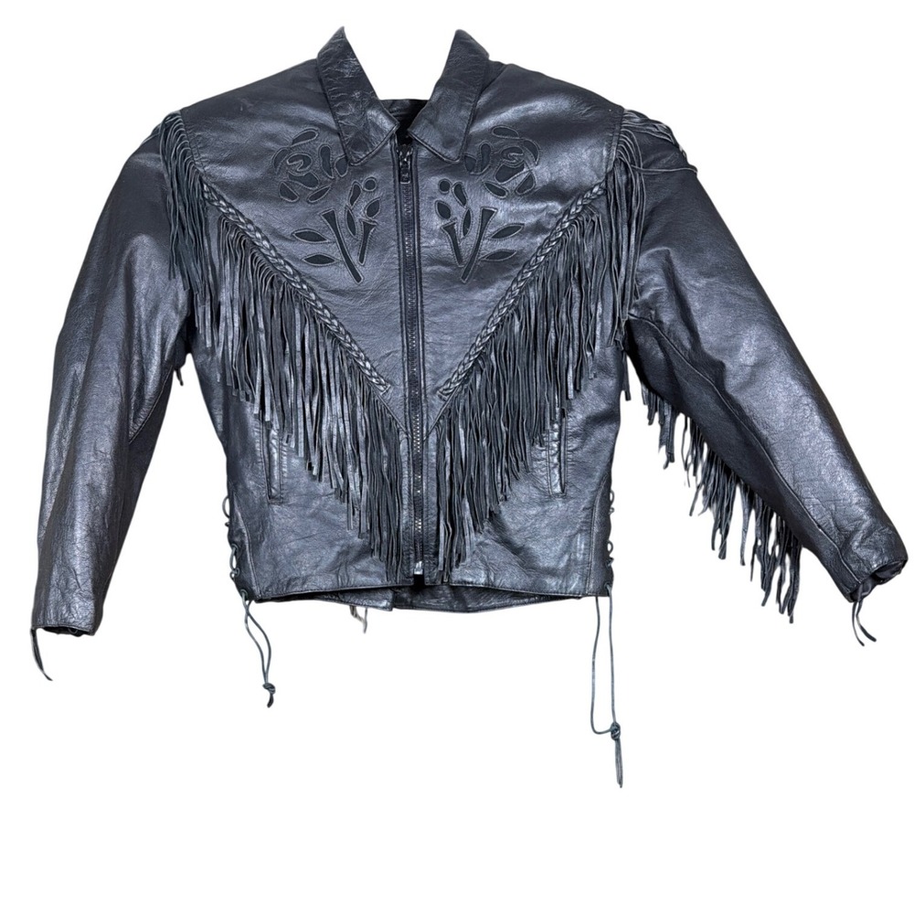 Barney's Leather Jacket Women L Black Fringe Rose Cut-out Western Biker Lace-up